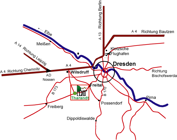 Tharandt erreichen Sie am besten über die Autobahnabfahrt Wilsdruff (A4) oder aus Dresden (Richtung Freital) mit Auto oder S-Bahn.